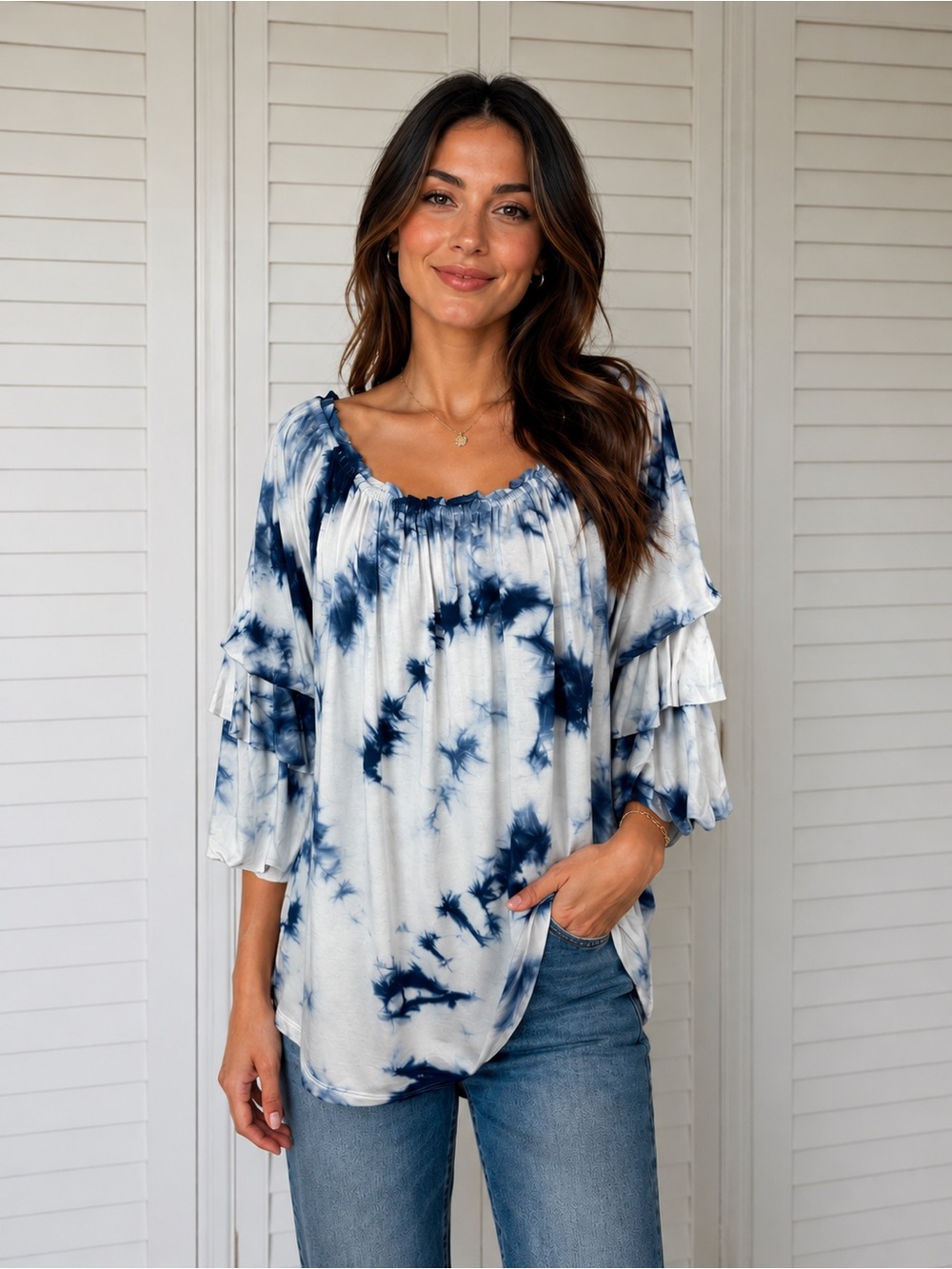 Seven7 Blue White Tie Dye Off Shoulder Ruffle Sleeve Top Small Boho